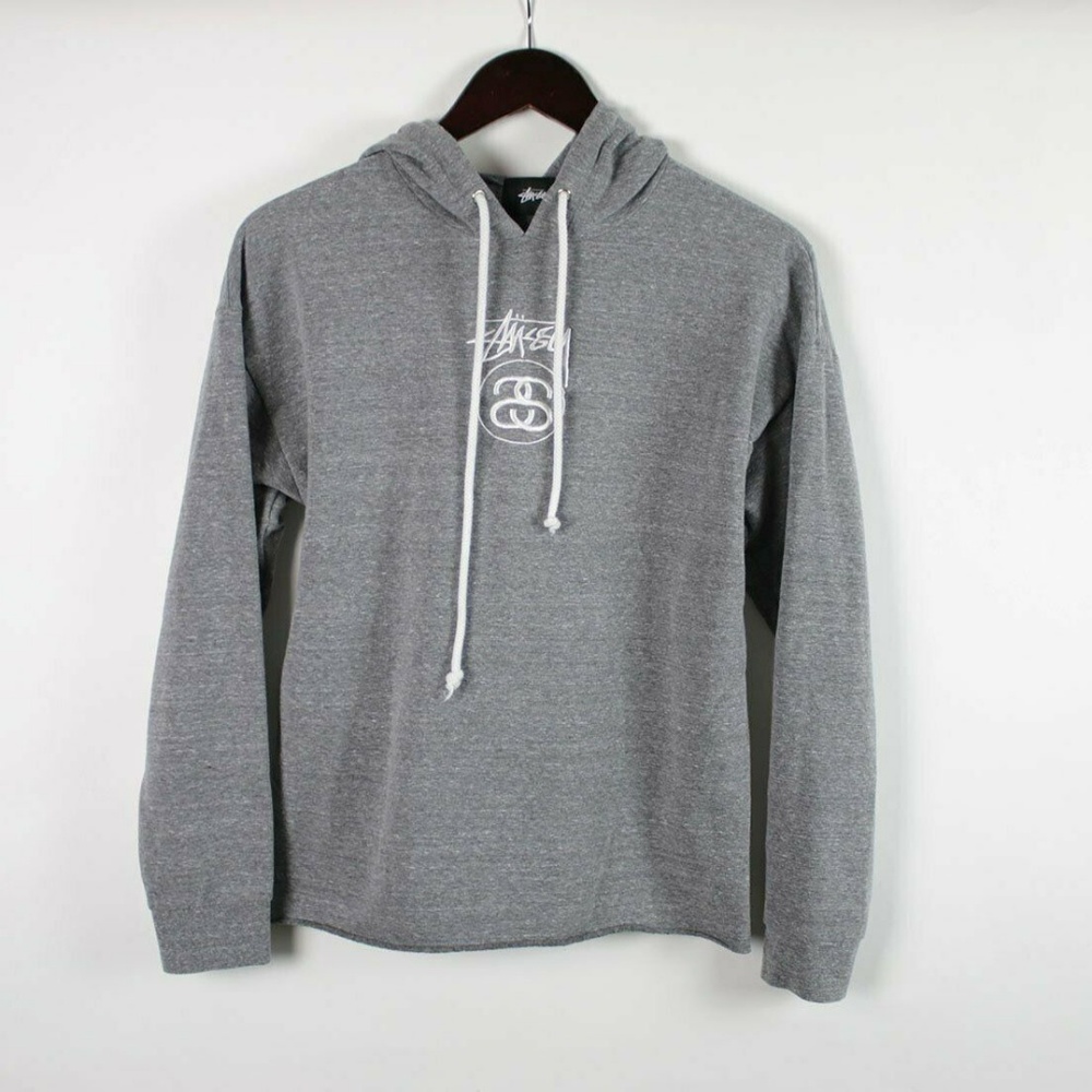 STUSSY Gray Logo Hoodie Sweatshirt SMALL - Picture 2 of 6